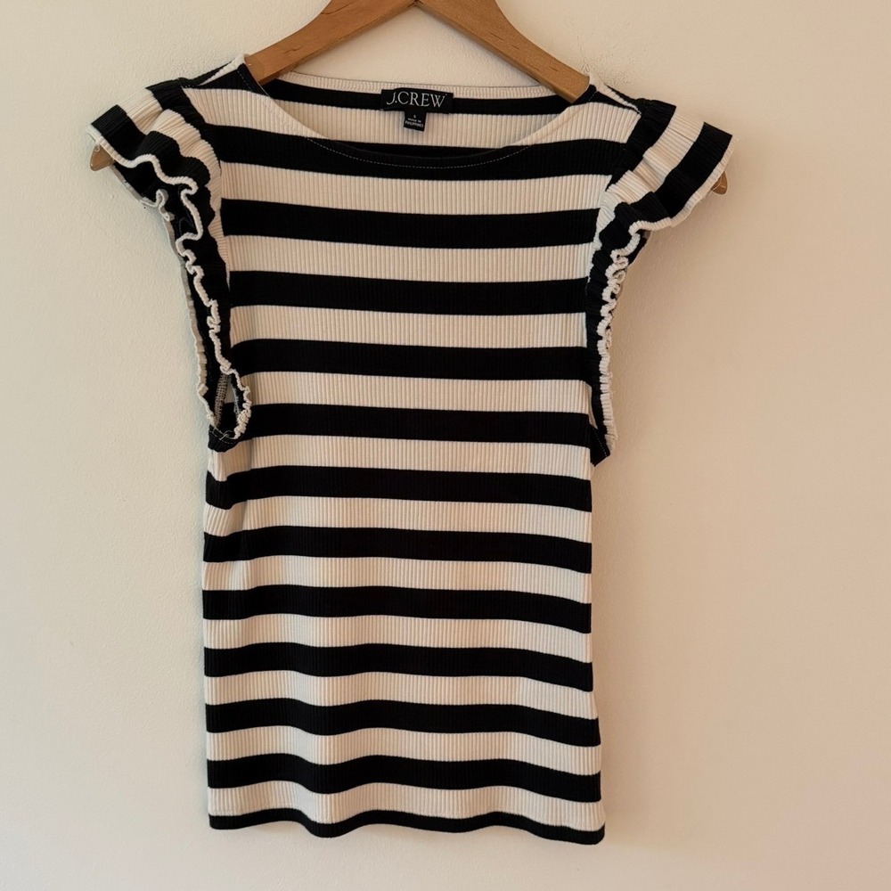 J.Crew Vintage Rib Ruffle Boatneck Tank Top Black & White Size Small